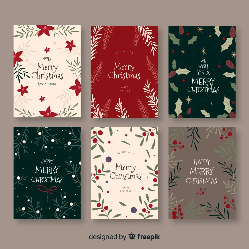 A collection of festive holiday templates showcases elegant floral and botanical designs perfect for a personalized christmas cards.